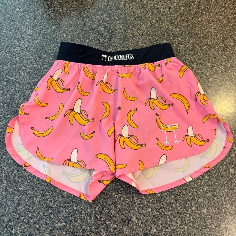 ChicknLegs Running Shorts Womens XS Pink Banana Print Athletic Back Pocket Funky